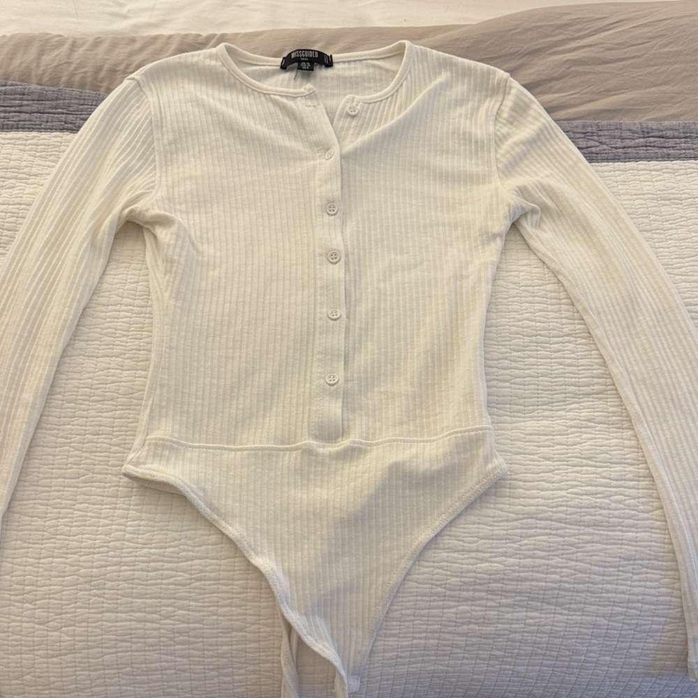 Missguided white Ribbed Button-Up Bodysuit